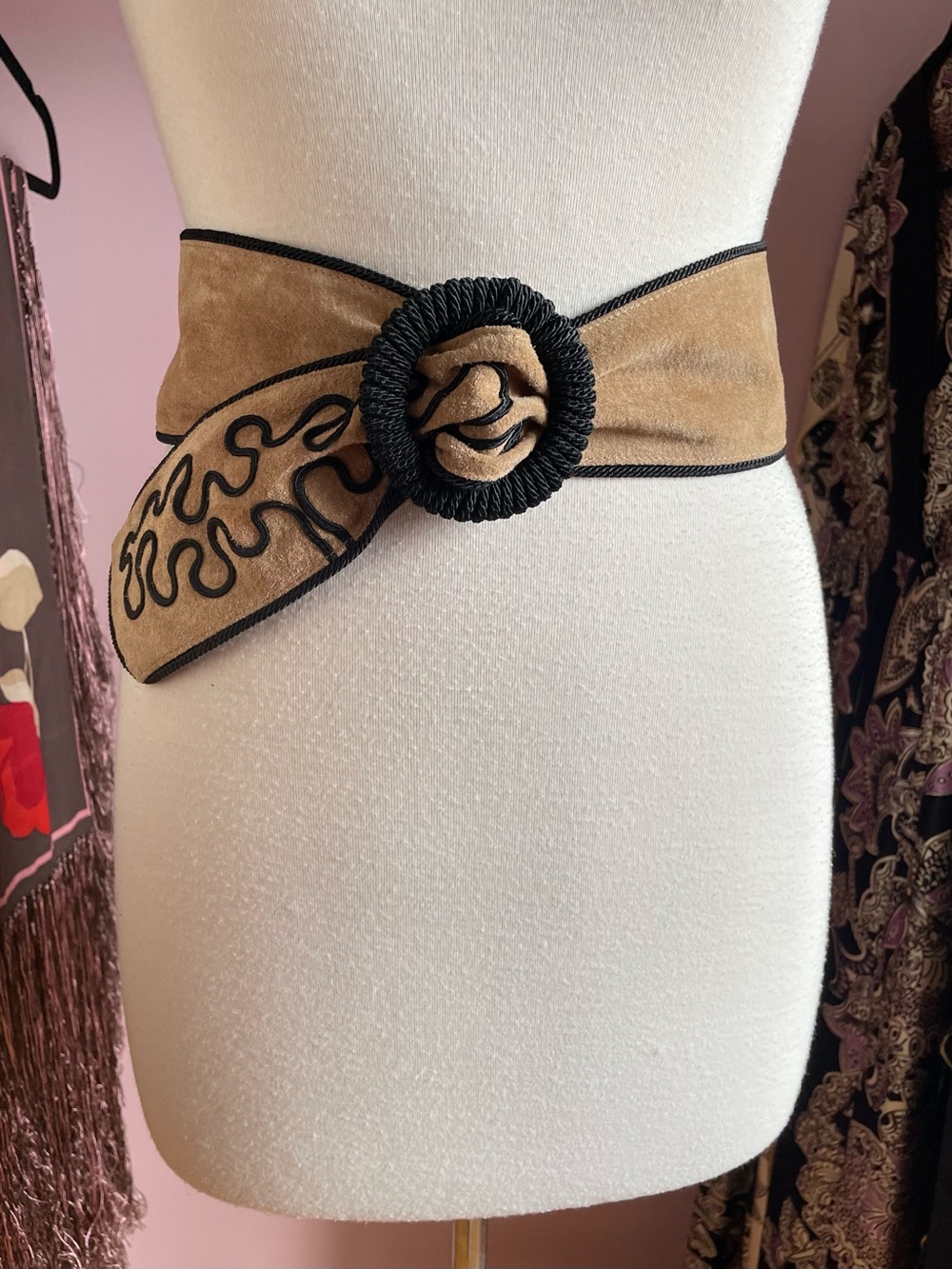 Vintage 80s Bagatelle Tan Suede & Black Rope Soutache Wide Statement Waist Belt
